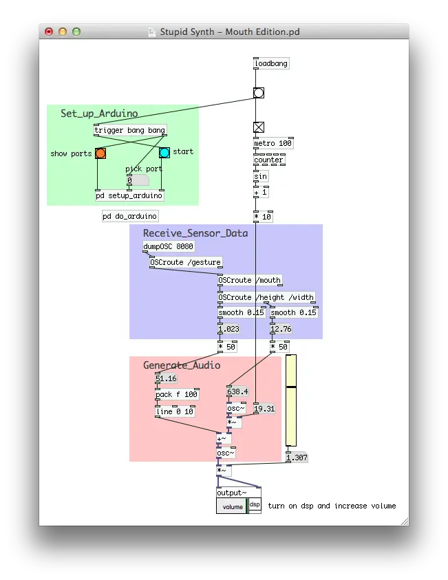Pure Data screenshot - Using face tracking data to generate sound
